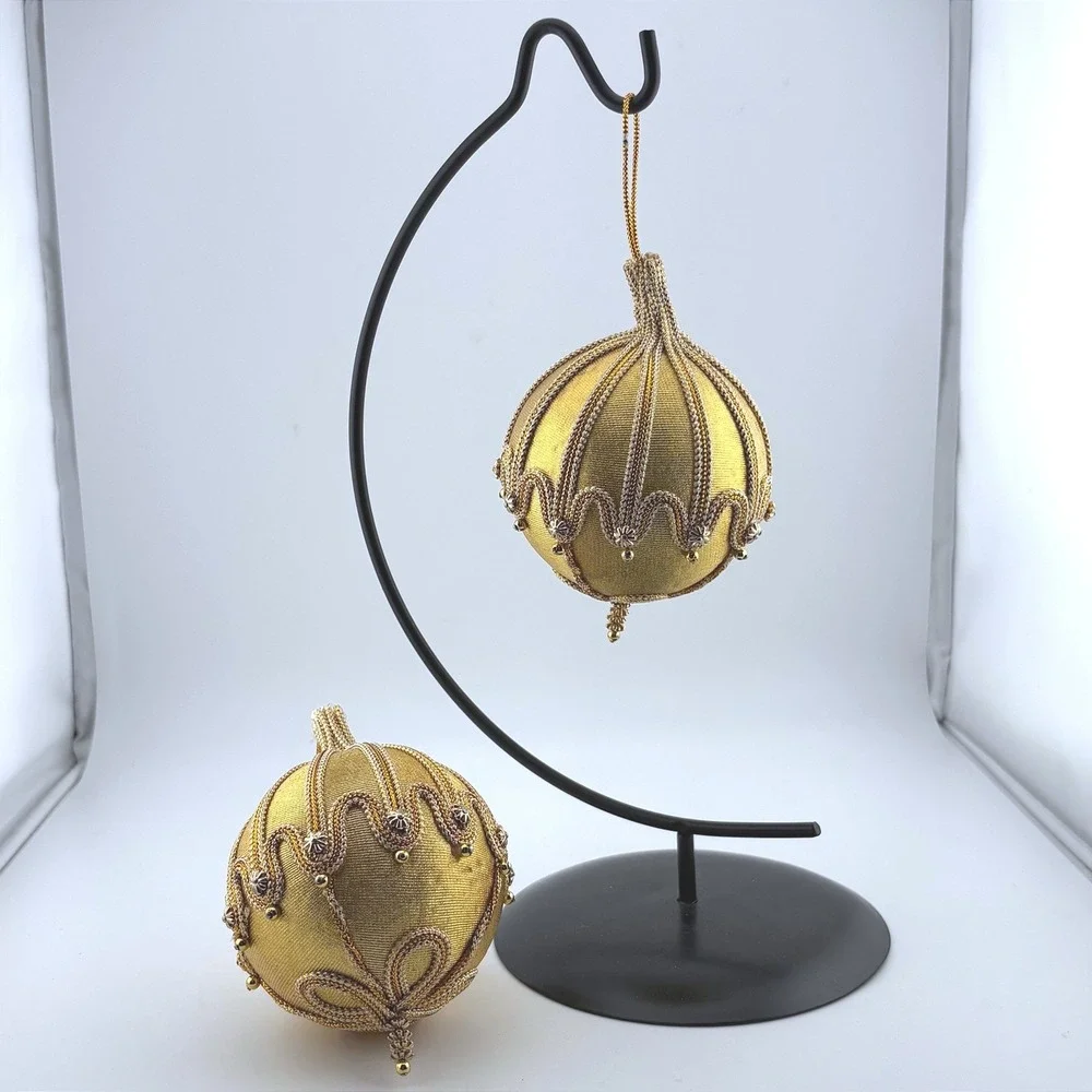 Vintage Gold Satin Christmas Ornaments‎ Set 2 Metallic Braided Trim Bead Accents